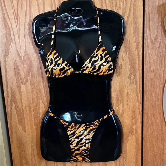 Vintage Skinz 80s 90s black orange Tiger Stripe String Skimpy Bikini XS Small - Picture 3 of 11